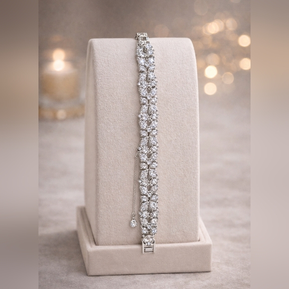 Jewelry - Rhodium Plated Floral Crystal Tennis Bracelet Silver Double Row Sparkle